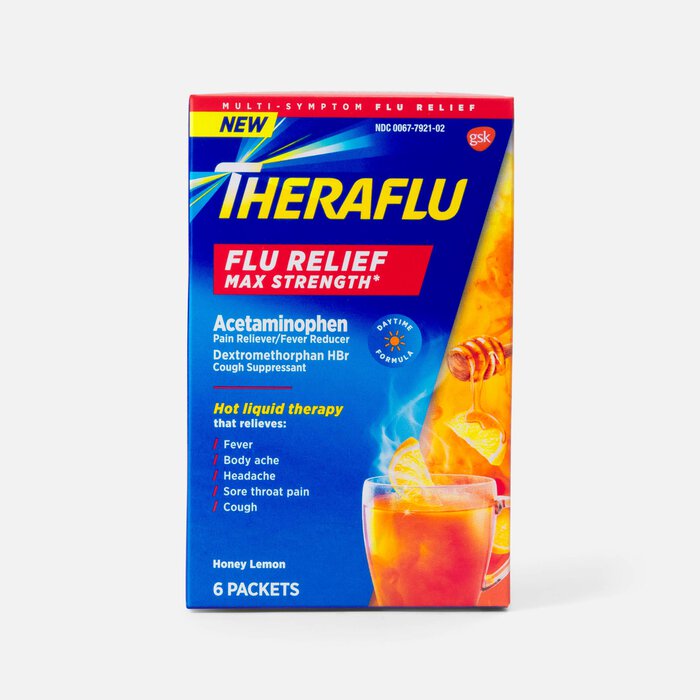 Theraflu Daytime Max Strength Flu Relief Honey Lemon Flavor Hot Liquid Powder, 6 ct., , large