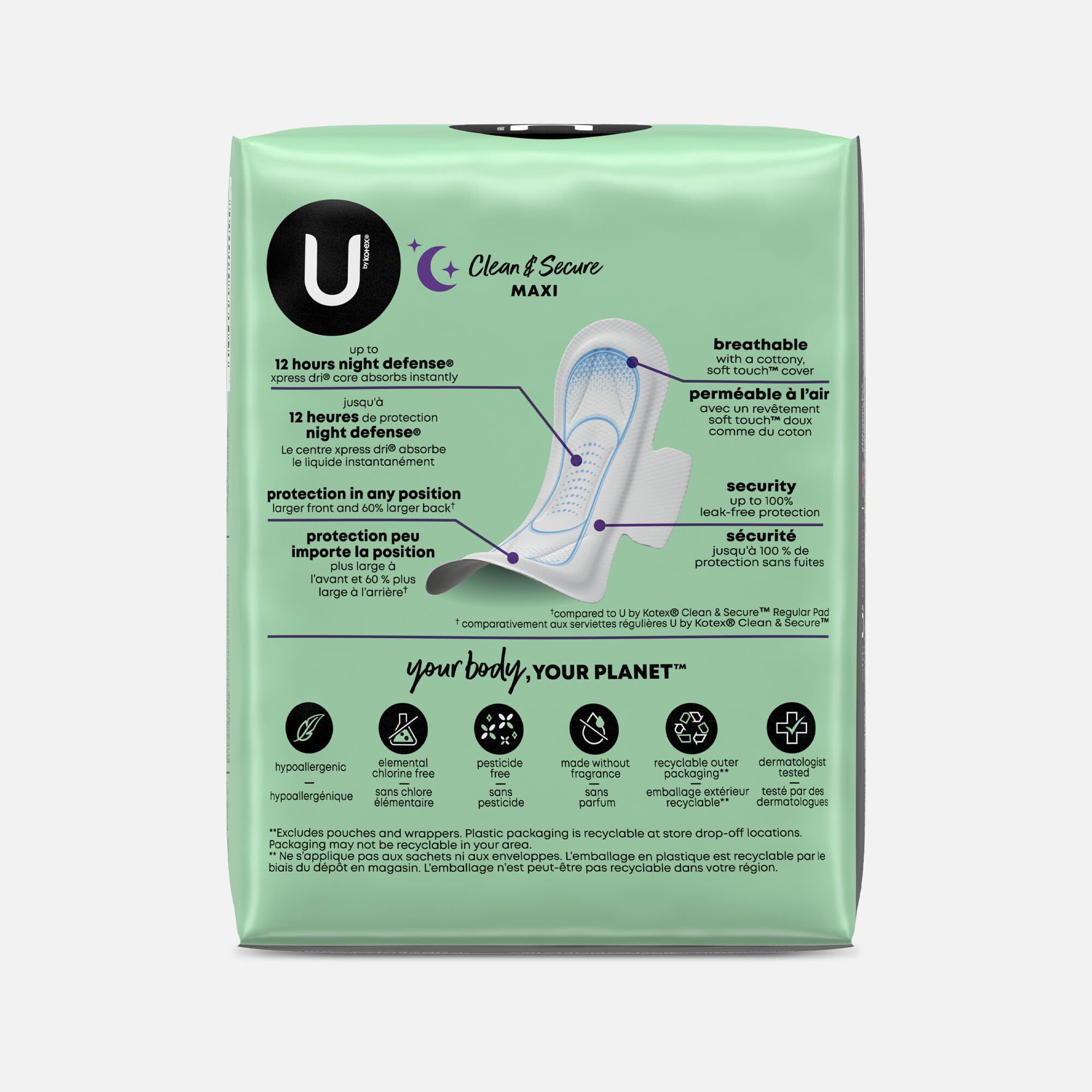U by Kotex Clean & Secure Overnight Maxi Pads with Wings, 14 ct., , large