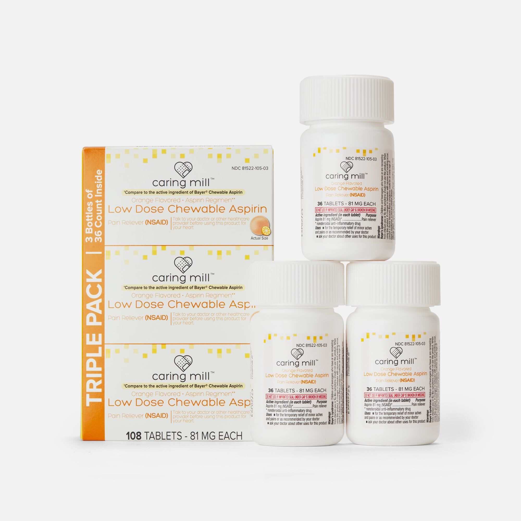 Caring Mill™ Aspirin Chewable Tablets Pain Reliever (NSAID) Low Dose Aspirin, Orange Flavor, 3 pack, 108 ct., , large