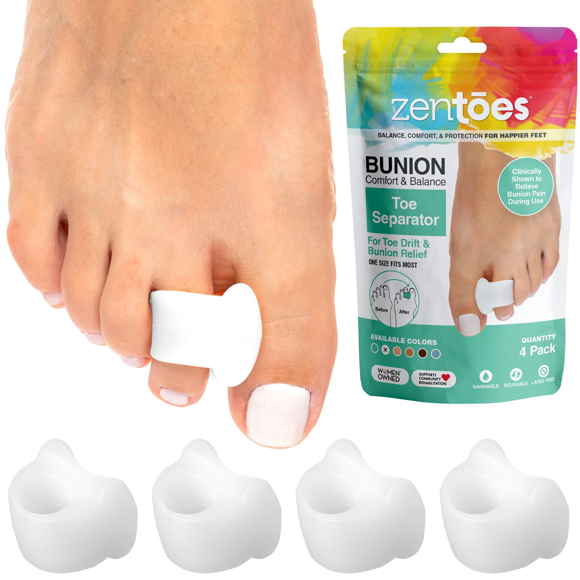 ZenToes Single Loop Toe Spacer for Bunions - 4-Pack, White, large