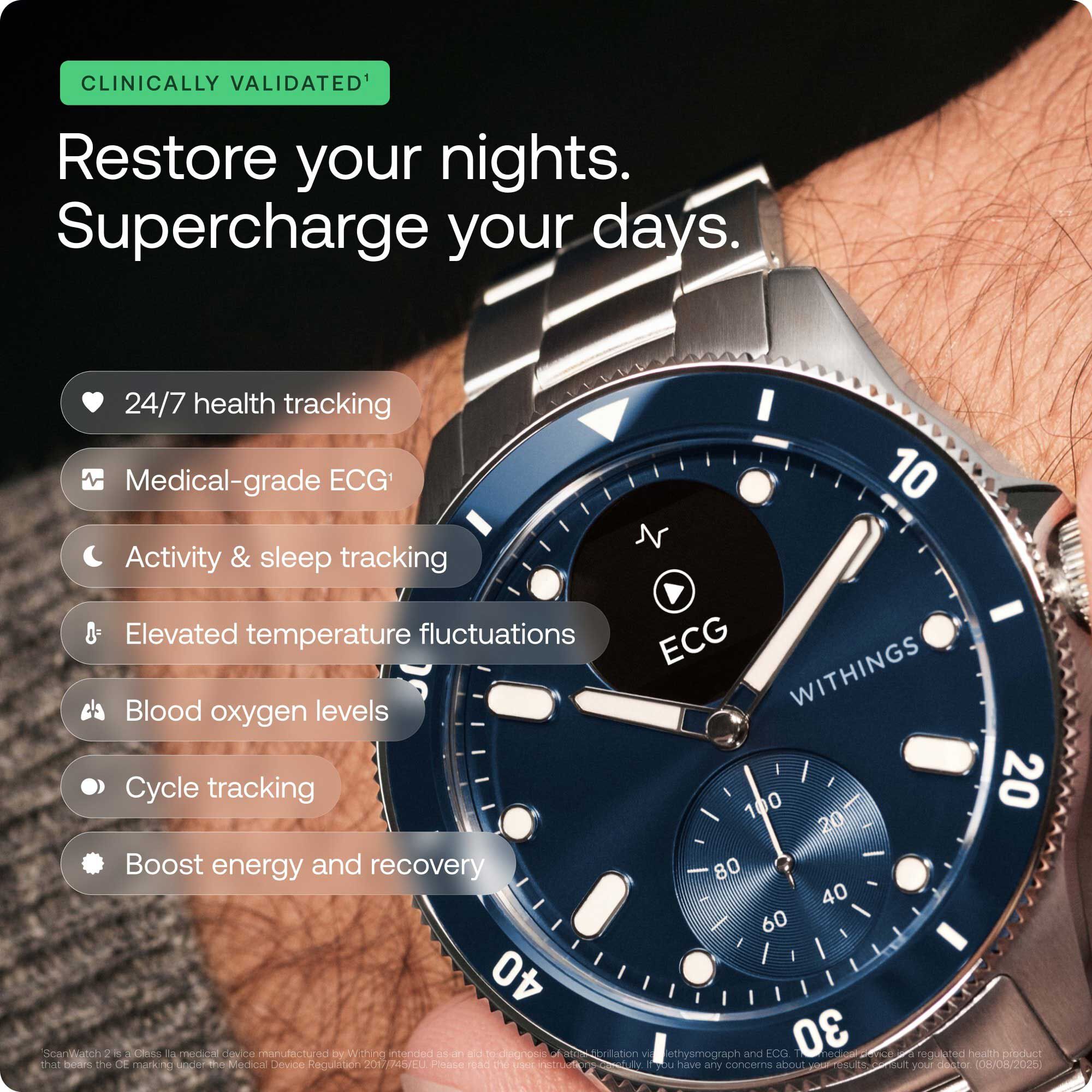 Withings ScanWatch Nova Premium Heart Health Hybrid Smartwatch, 42mm, Blue, , large