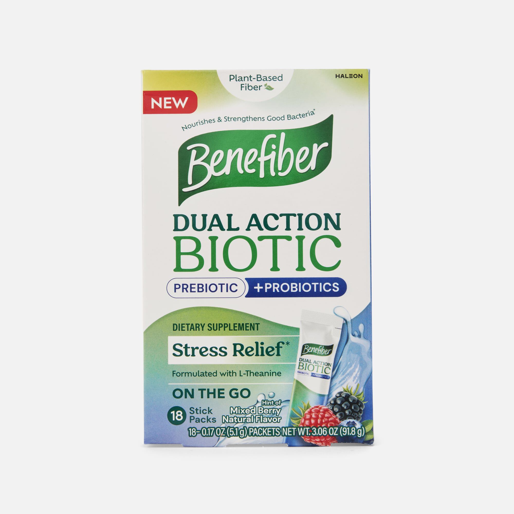 Benefiber Dual Action Prebiotic + Probiotics Fiber Supplement Stick Packs, Mixed Berry, 18 ct., , large