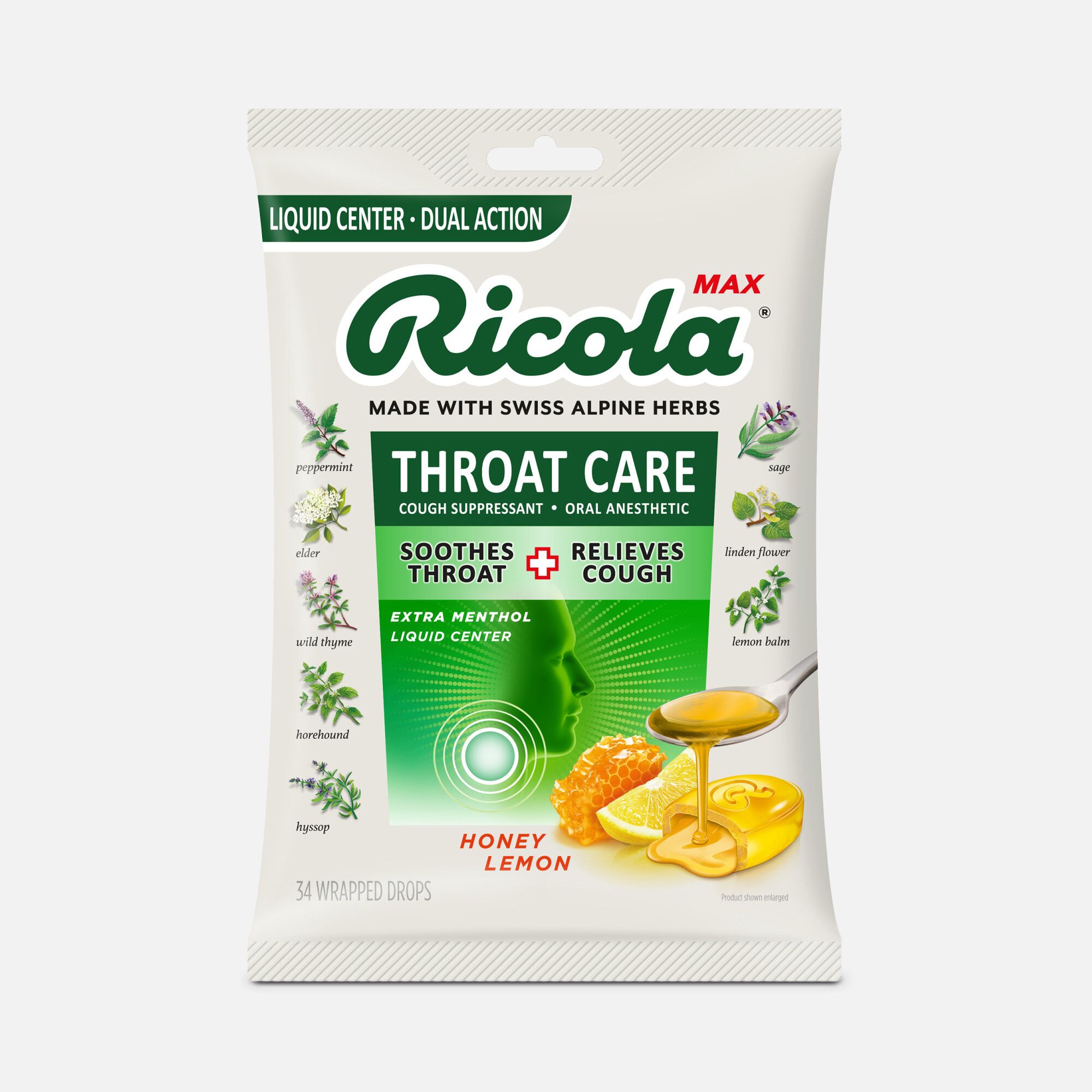 Ricola Max Throat Care Dual Action Cough Drops, Honey Lemon, 34 ct., , large