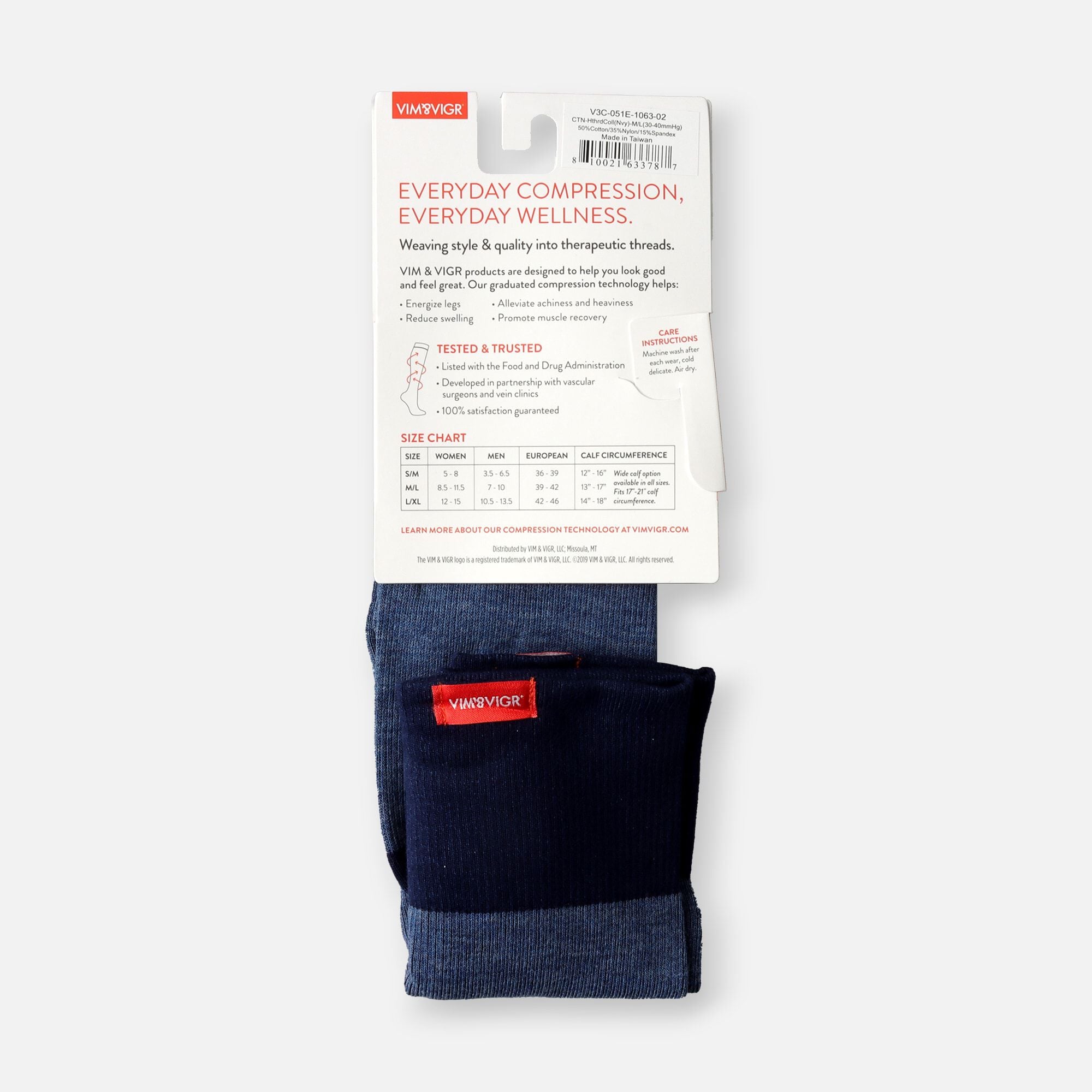 VIM & VIGR Cotton Compression Socks, Heathered Collection Navy, 30-40 mmHg, , large