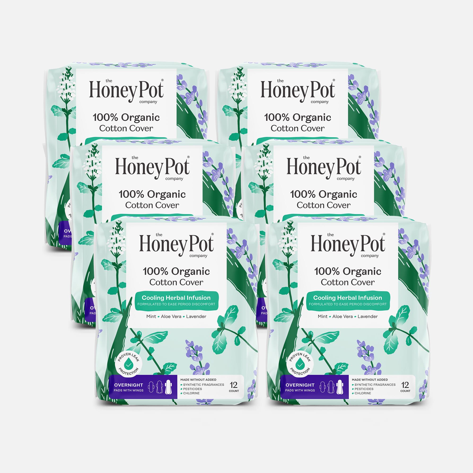 The Honey Pot 100% Organic Top Sheet Overnight Herbal Menstrual Pads with Wings, 12 ct. (6 pack)