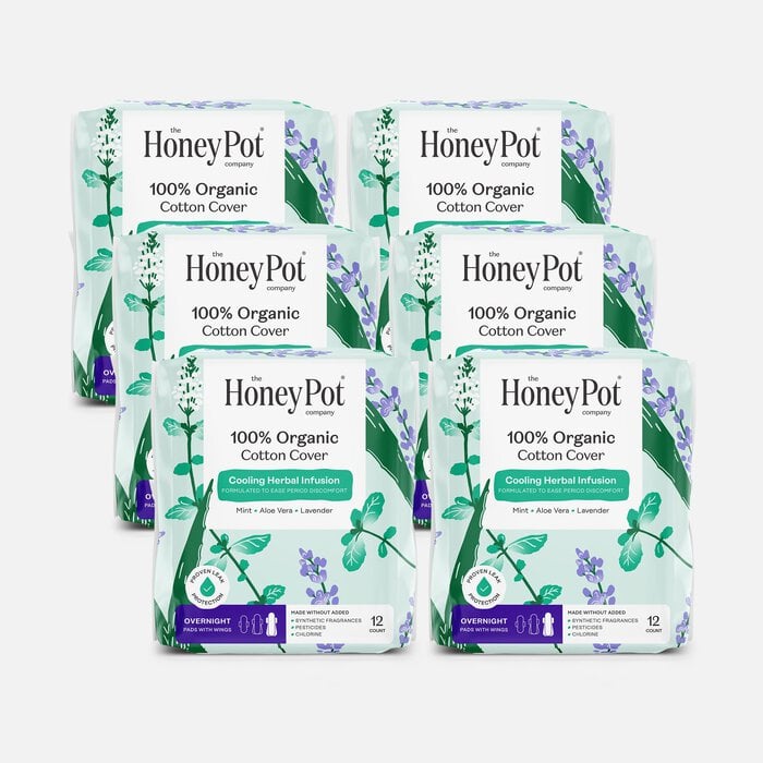 The Honey Pot 100% Organic Top Sheet Overnight Herbal Menstrual Pads with Wings, 12 ct. (6 pack), , large