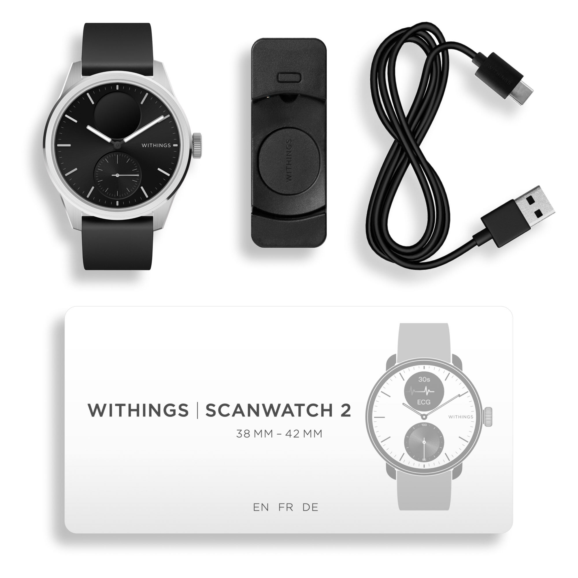 Withings ScanWatch 2 Smart Wearable Health Tracker, 42mm, Black, , large