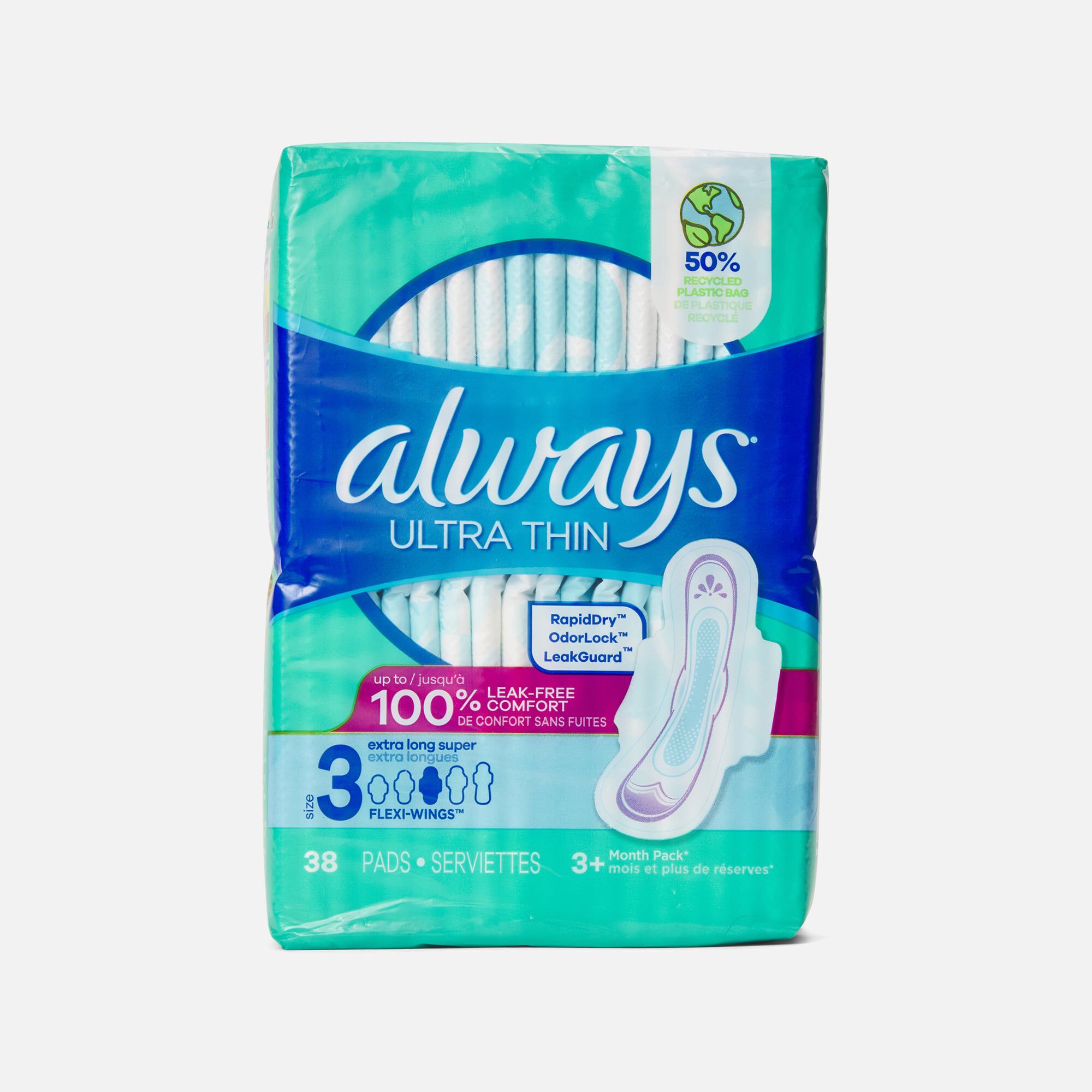 Always Ultra Thin Pads Extra Long Super Absorbency Unscented with Wings, Size 3, 38 ct., , large