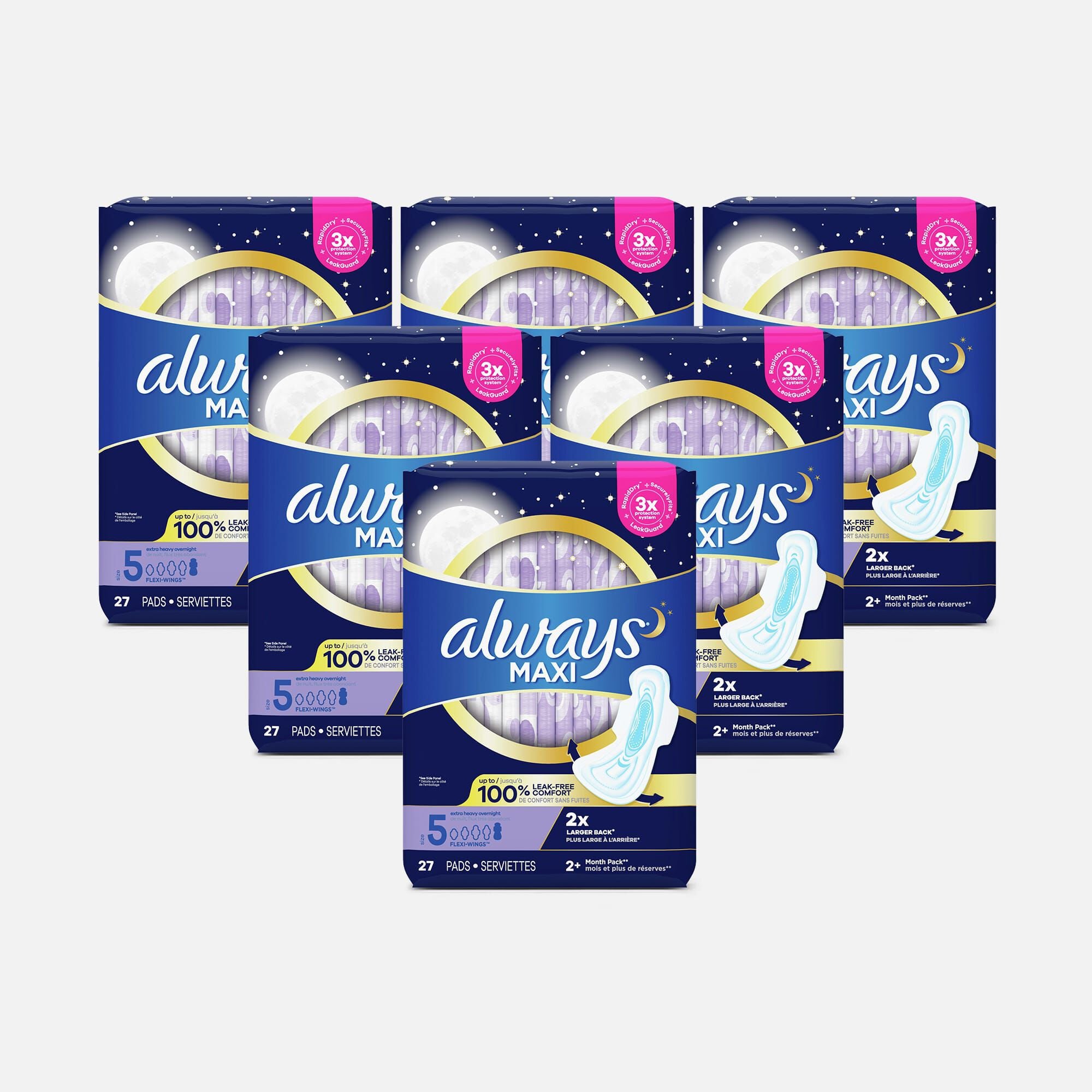Always Maxi Pads Size 5 Overnight Absorbency Unscented with Wings, 27 ct. (6 pack)