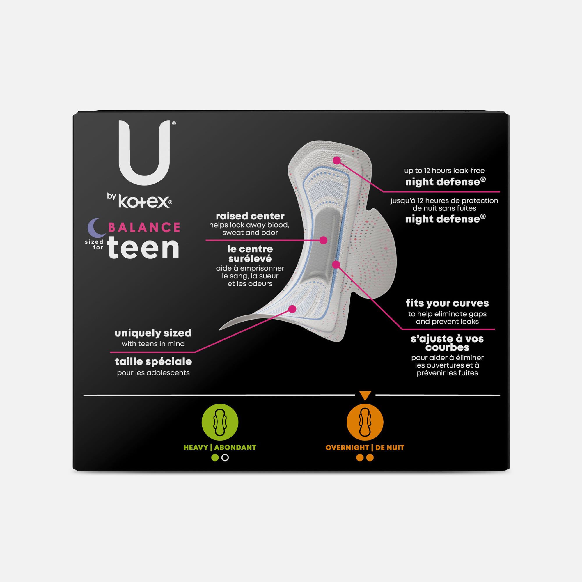 U by Kotex Balance Sized for Teens Ultra Thin Overnight Pads with Wings, 12 ct., , large