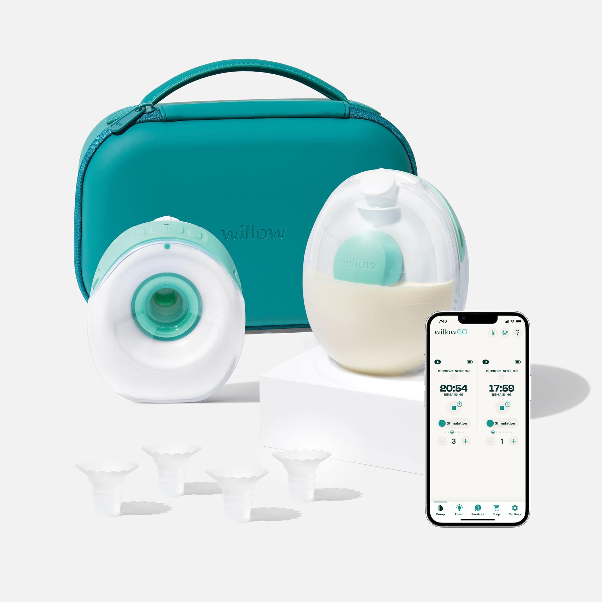 Willow Go® Wearable Breast Pump with Case, Sizing Inserts, and Milk Containers