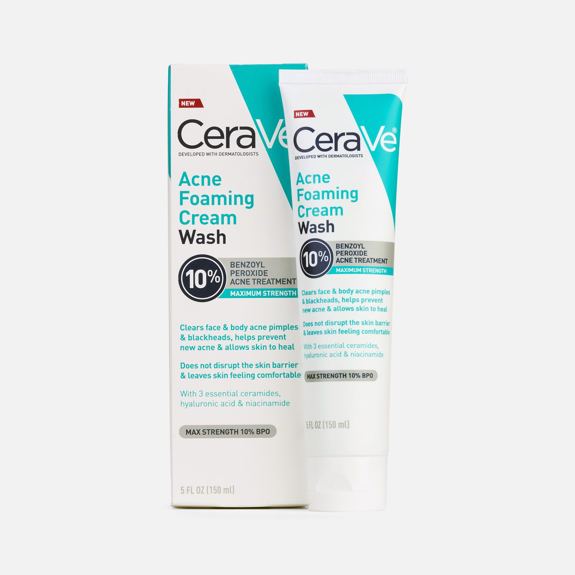 CeraVe Acne Foaming Cream Face & Body Wash with Benzoyl Peroxide 10% Maximum Strength, 5 fl oz., , large