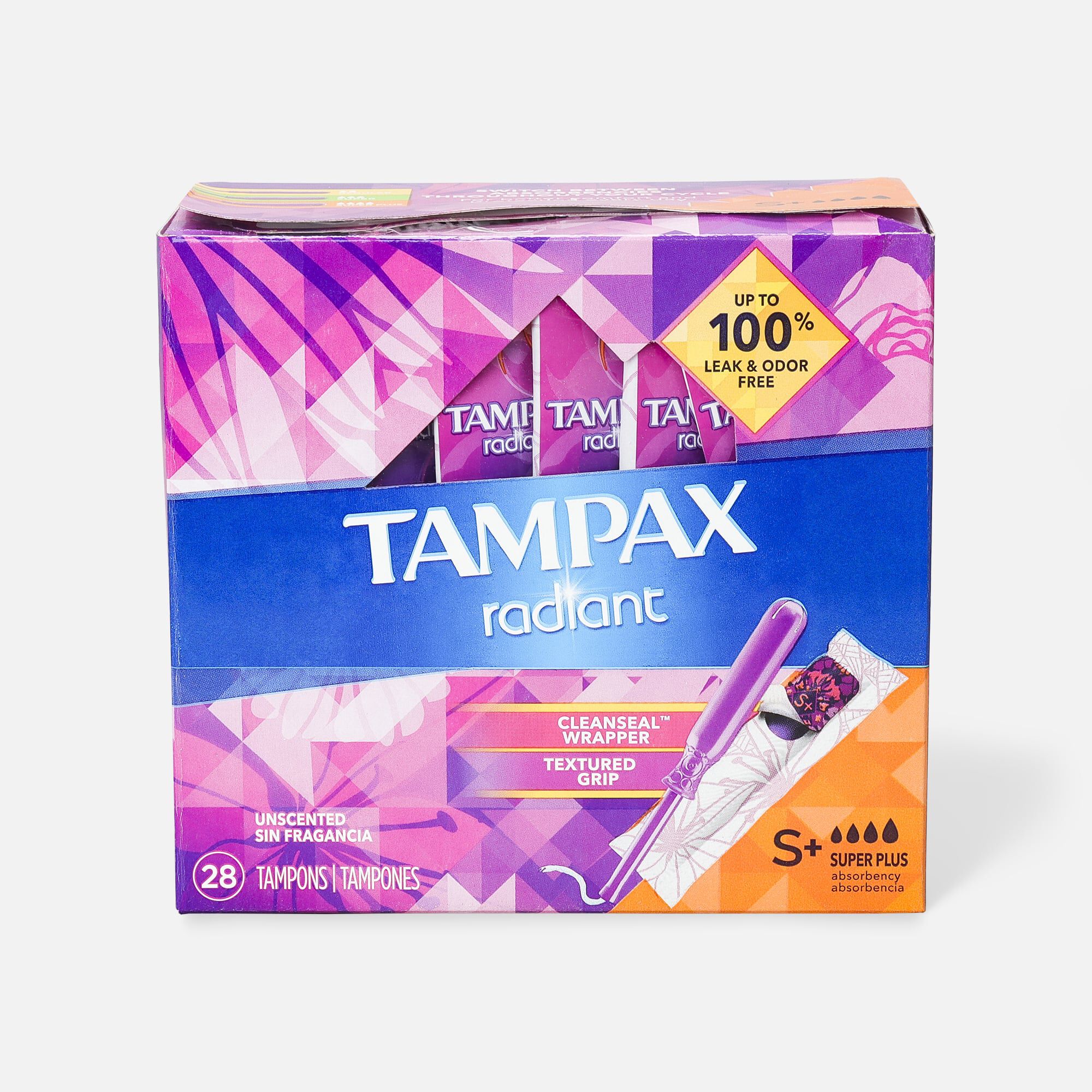 Tampax Radiant Tampons Super Plus Absorbency with BPA-Free Plastic Applicator and LeakGuard Braid, Unscented, 28 ct.