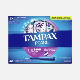 Tampax Pearl Tampons Ultra Absorbency with BPA-Free Plastic Applicator and LeakGuard Braid, Unscented, 32 ct.