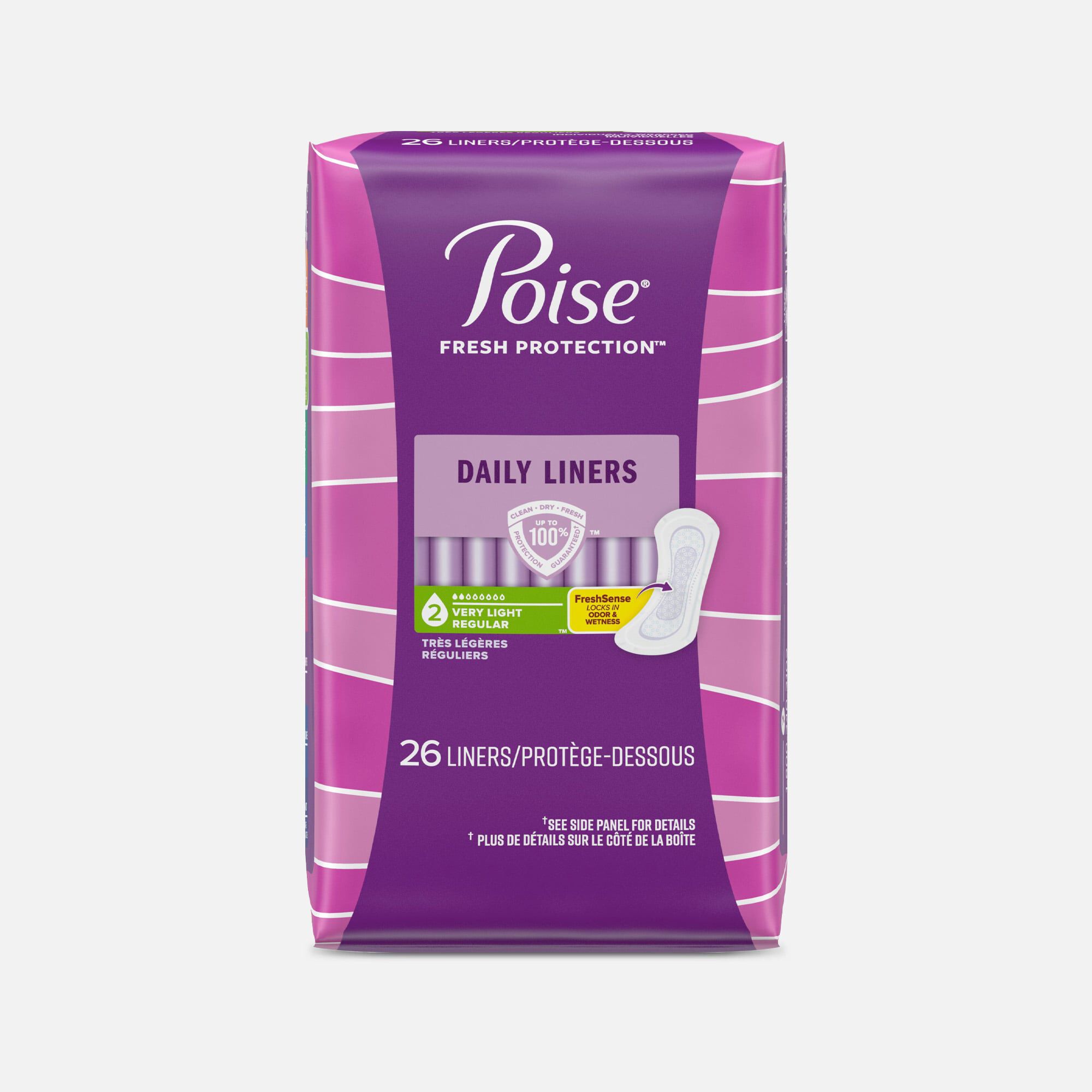 Poise Daily Liners, Incontinence Panty Liners, 2 Drop Very Light Absorbency, Regular Length, 26 ct.