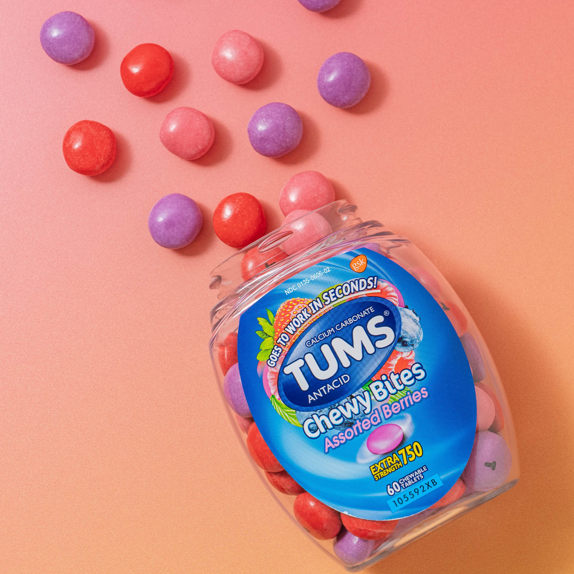 TUMS Chewy Bites Extra Strength Antacid Chewable Tablets, Assorted Berries, 60 ct., , large