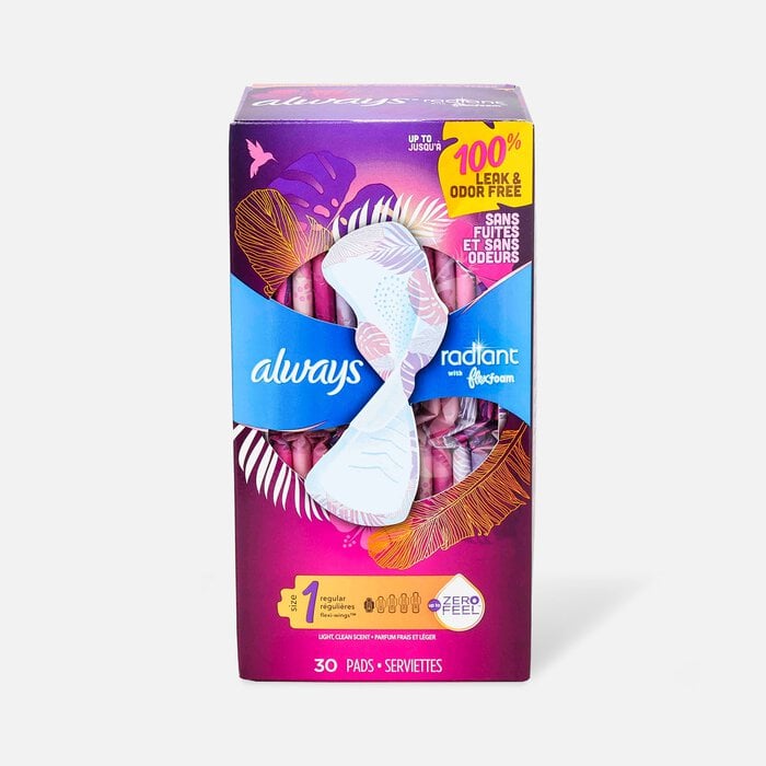Always Radiant FlexFoam Pads for Women Size 1, Regular Absorbency, with Wings, Scented, 30 ct., , large