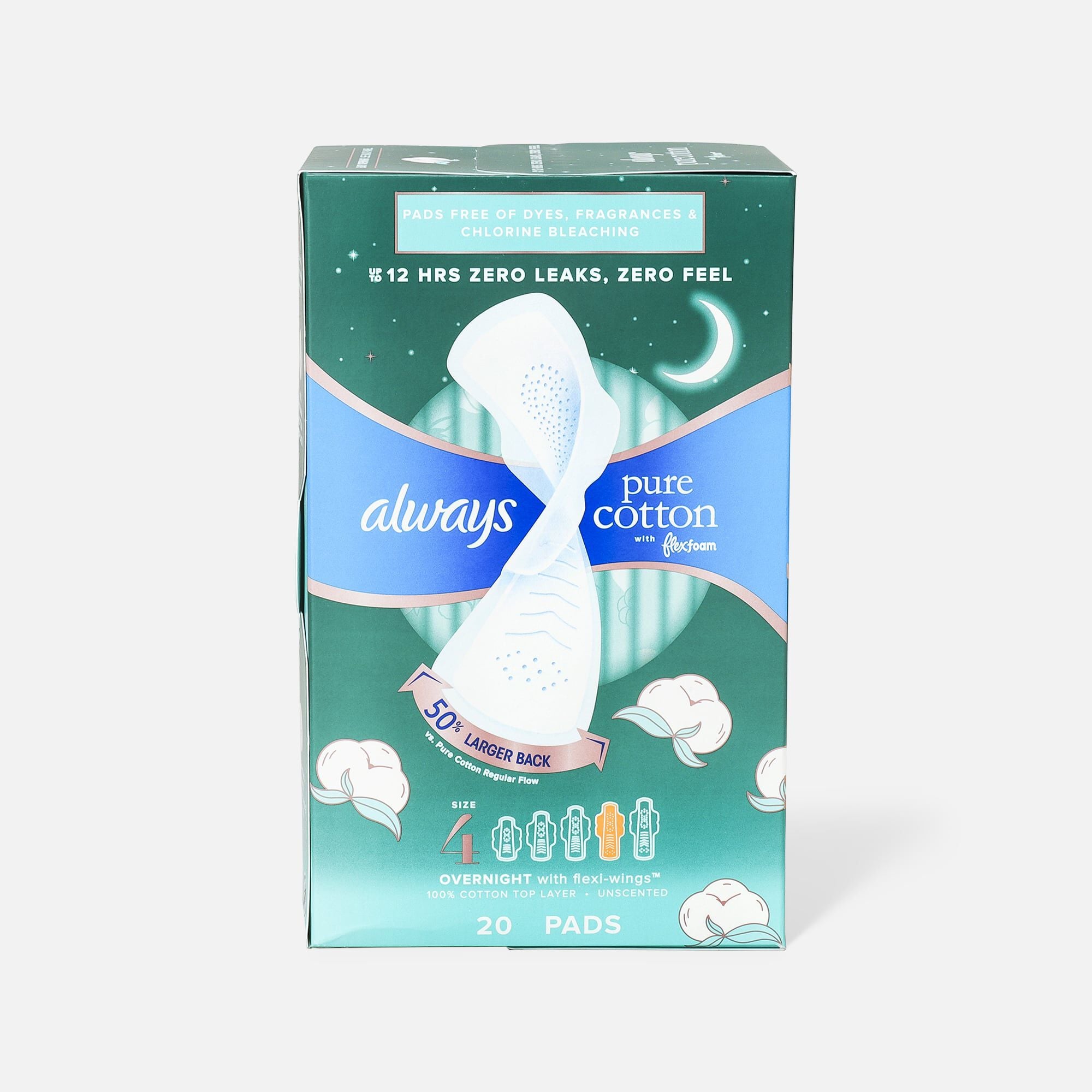 Always Pure Cotton with FlexFoam Pads for Women Size 4 Overnight Absorbency, with Wings, 20 ct.