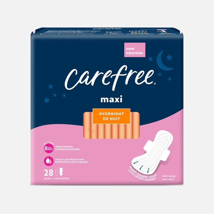 Carefree Maxi Overnight Pads with Wings, 28 ct., , large
