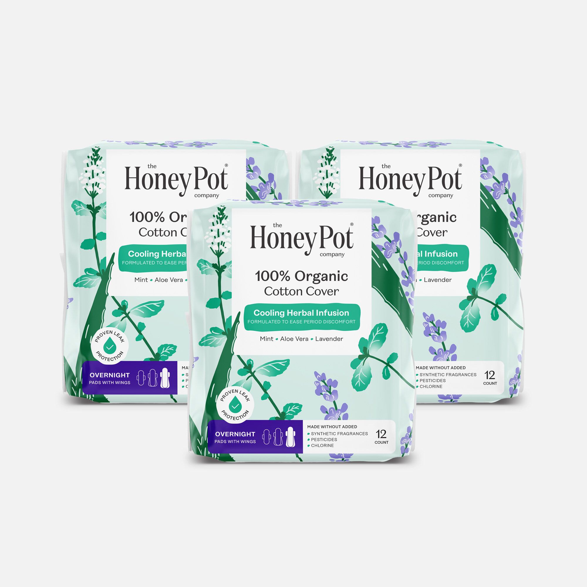 The Honey Pot 100% Organic Top Sheet Overnight Herbal Menstrual Pads with Wings, 12 ct. (3-Pack), , large