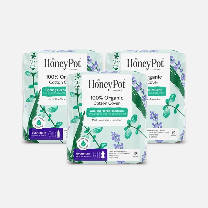 The Honey Pot 100% Organic Top Sheet Overnight Herbal Menstrual Pads with Wings, 12 ct. (3-Pack), , large