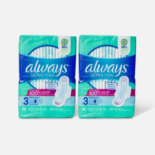 Always Ultra Thin Pads Extra Long Super Absorbency Unscented with Wings, Size 3, 38 ct. (2-Pack), , large