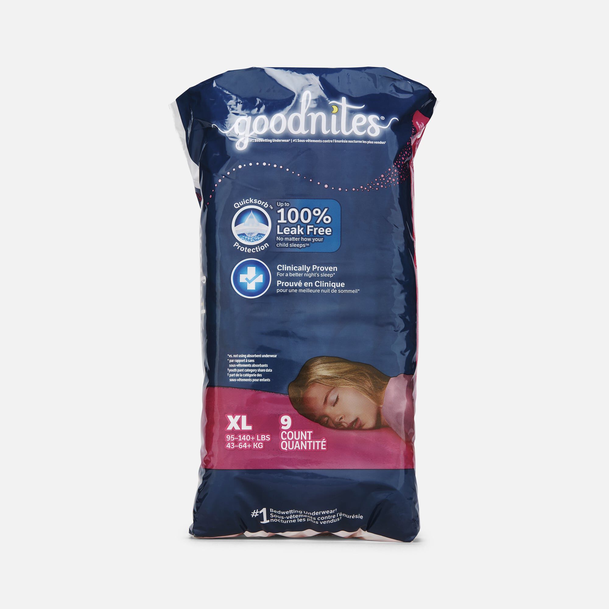 Goodnites Girls’ Nighttime Bedwetting Underwear, XL (95-140+ lbs), 9 ct.