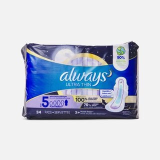 Always Ultra Thin Pads Extra Heavy Overnight Absorbency Unscented with Wings, Size 5, 34 ct.