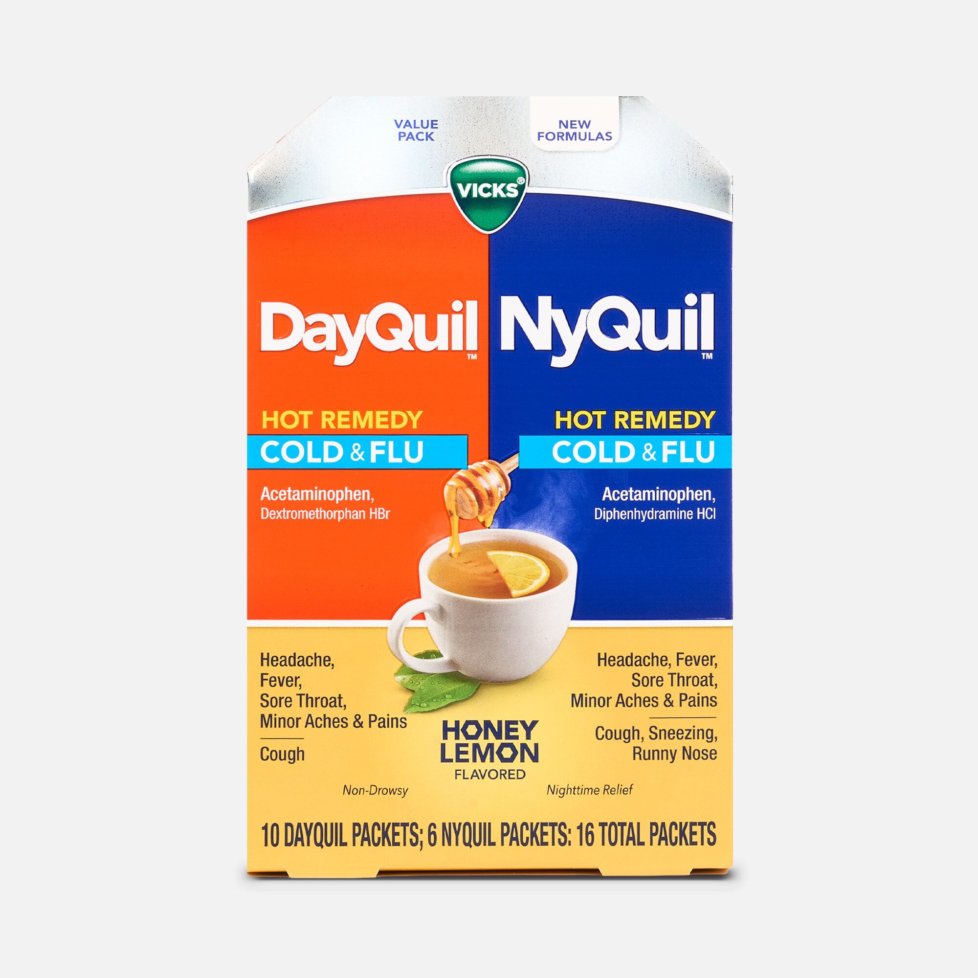 Vicks DayQuil and NyQuil Hot Remedy Cold & Flu Dissolvable Crystal Packets, Honey Lemon, 16 ct., , large