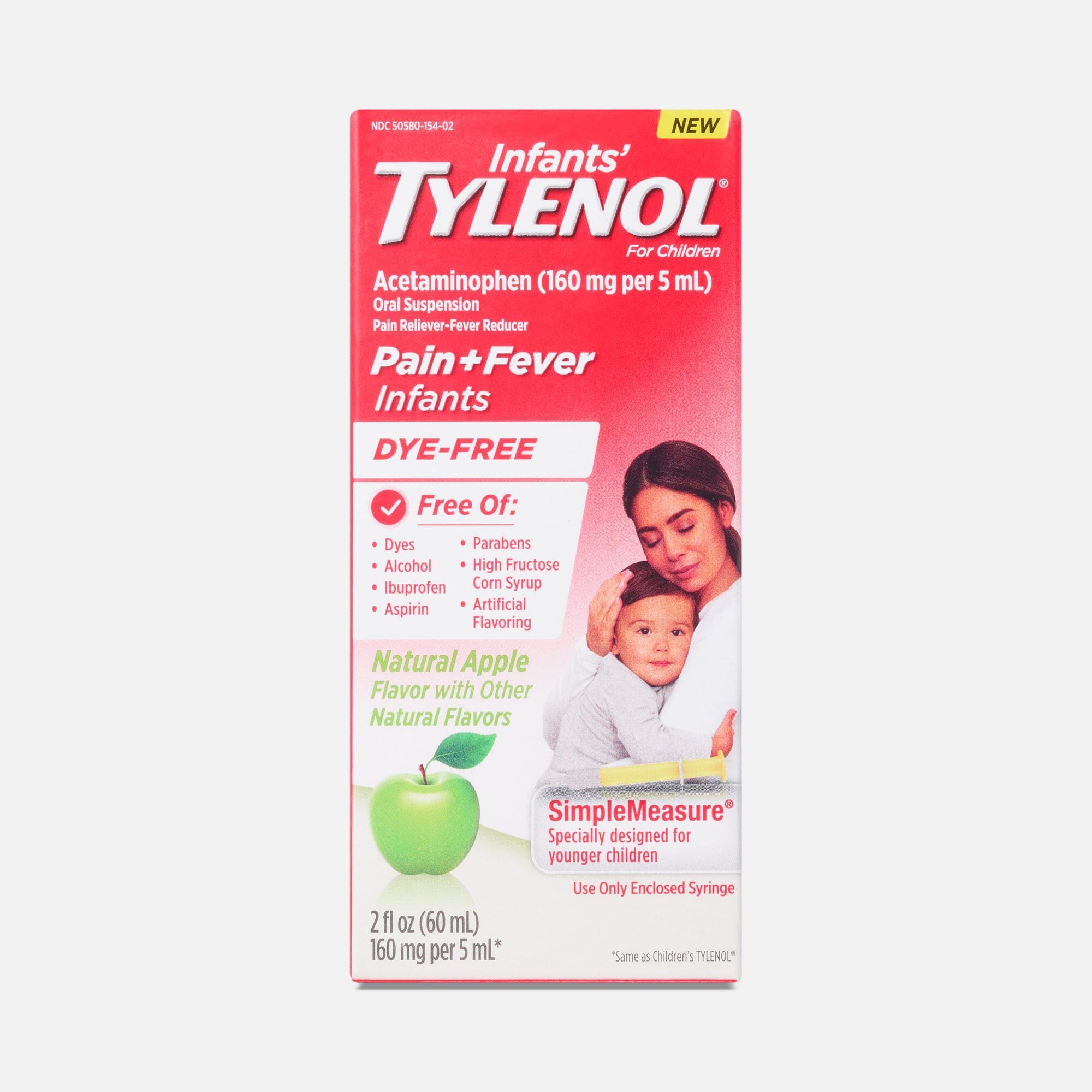 Infant's Tylenol Pain + Fever Dye-Free Acetaminophen Liquid w/ Simple Measure, Natural Apple, 2 fl oz.