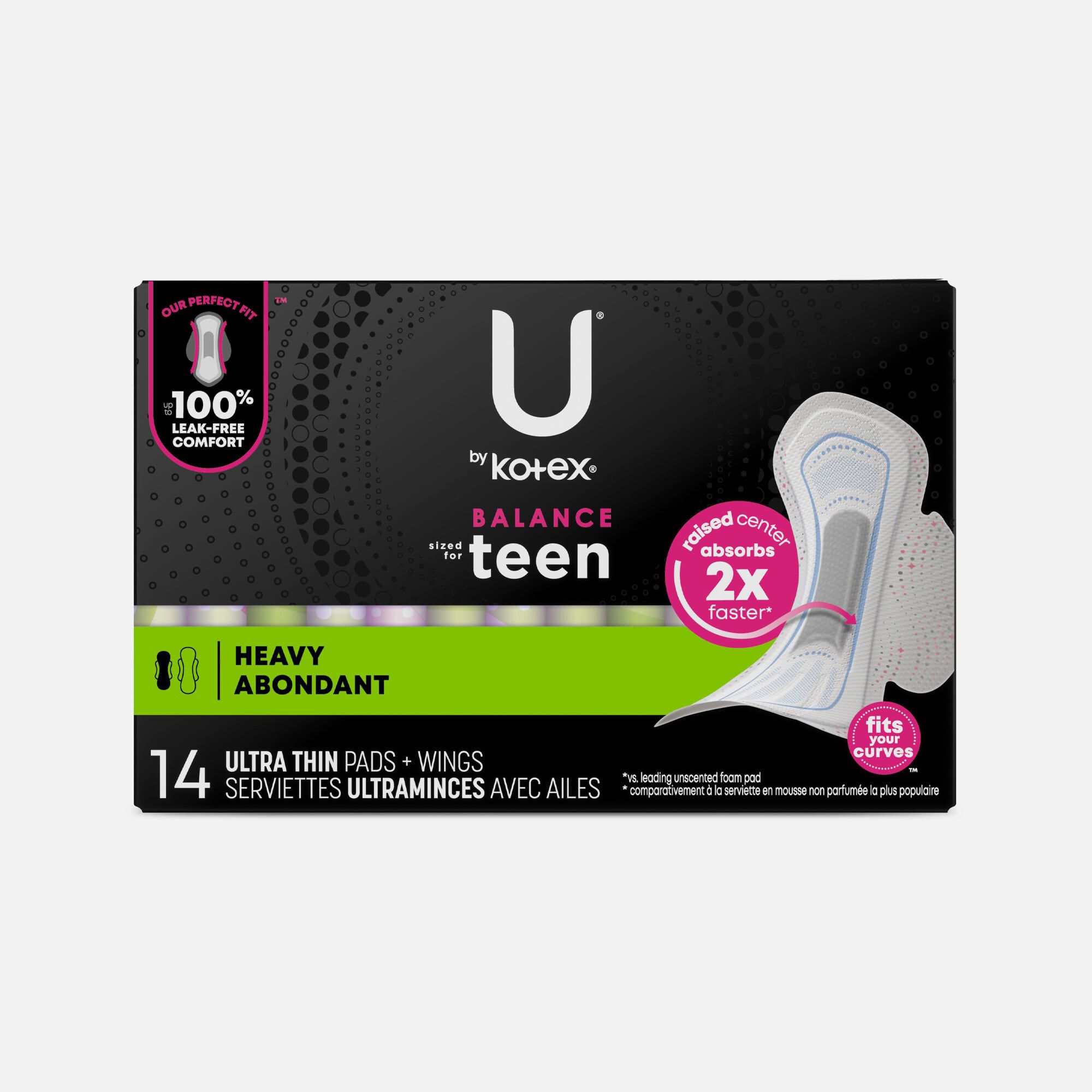 U by Kotex Balance Sized for Teens Ultra Thin Pads with Wings, Heavy Absorbency, 14 ct., , large
