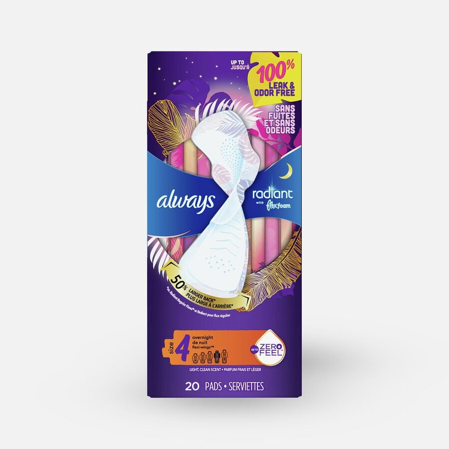 Always Radiant FlexFoam Pads for Women, Size 4, Overnight Absorbency with Wings, Scented, 20 ct.