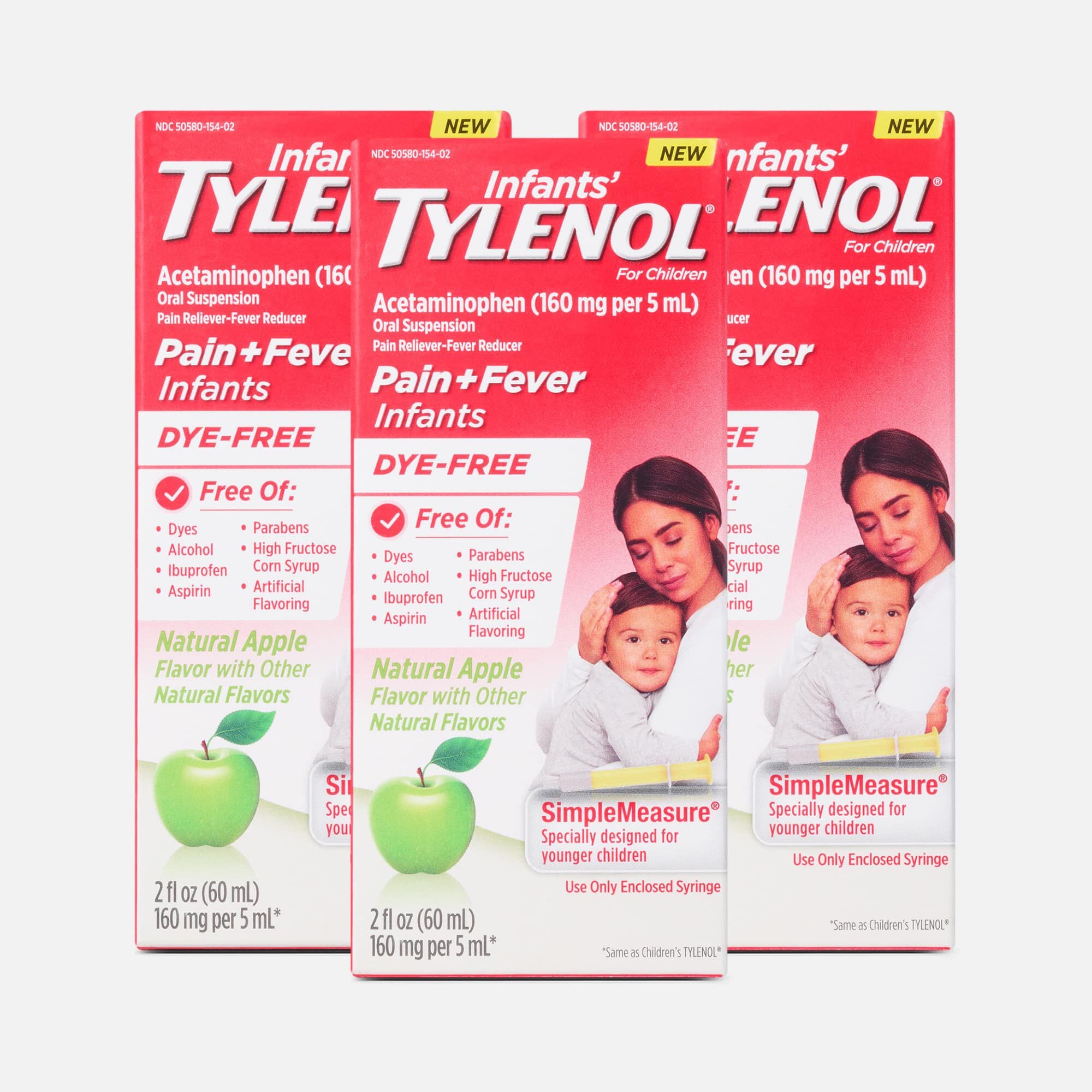 Infant's Tylenol Pain + Fever Dye-Free Acetaminophen Liquid w/ Simple Measure, Natural Apple, 2 fl oz. (3 pack), , large