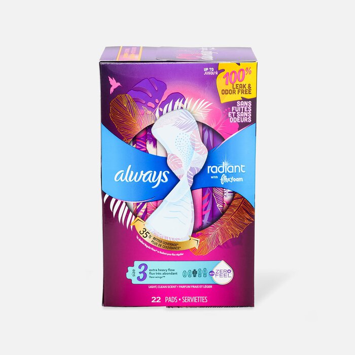 Always Radiant FlexFoam Pads for Women Size 3, Extra Heavy Flow Absorbency, with Wings, Scented, 22 ct., , large
