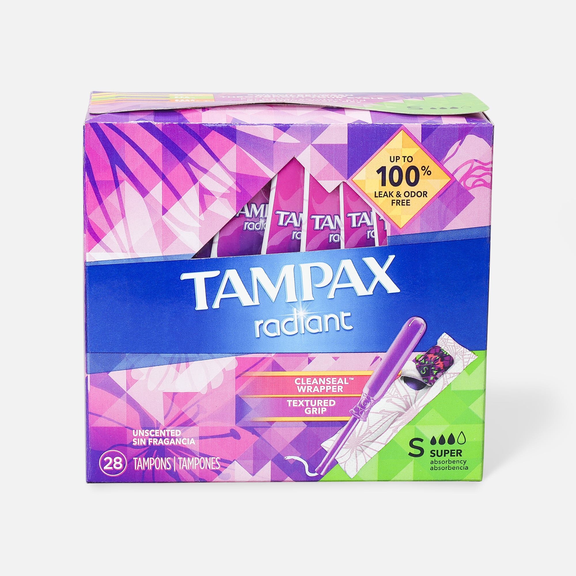 Tampax Radiant Tampons Super Absorbency with BPA-Free Plastic Applicator and LeakGuard Braid, Unscented, 28 ct.
