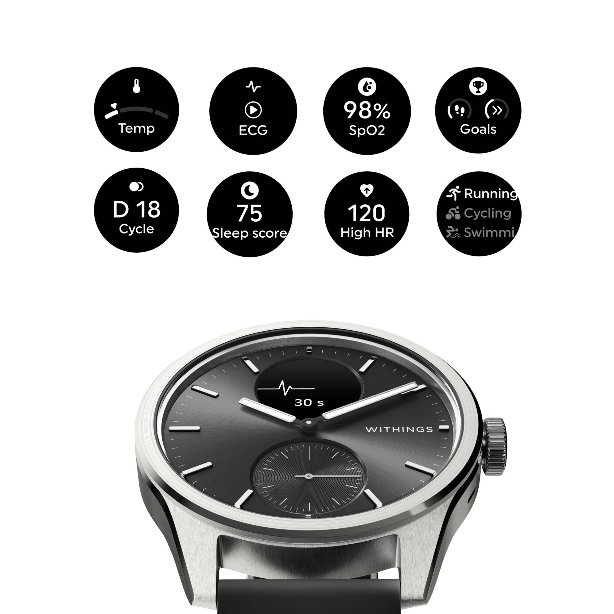 Withings ScanWatch 2 Smart Wearable Health Tracker, 42mm, Black, , large