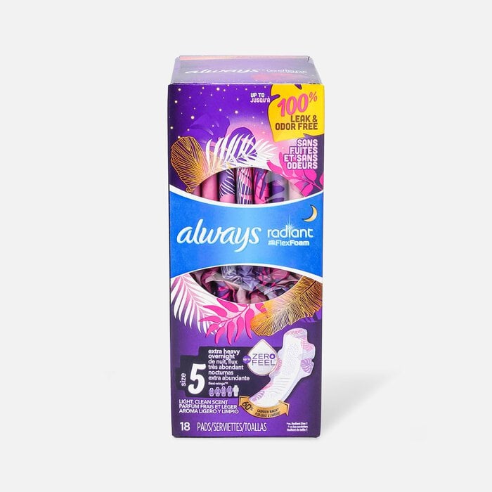 Always Radiant FlexFoam Pads for Women, Size 5, Extra Heavy Overnight Absorbency, with Wings, Scented, 18 ct., , large