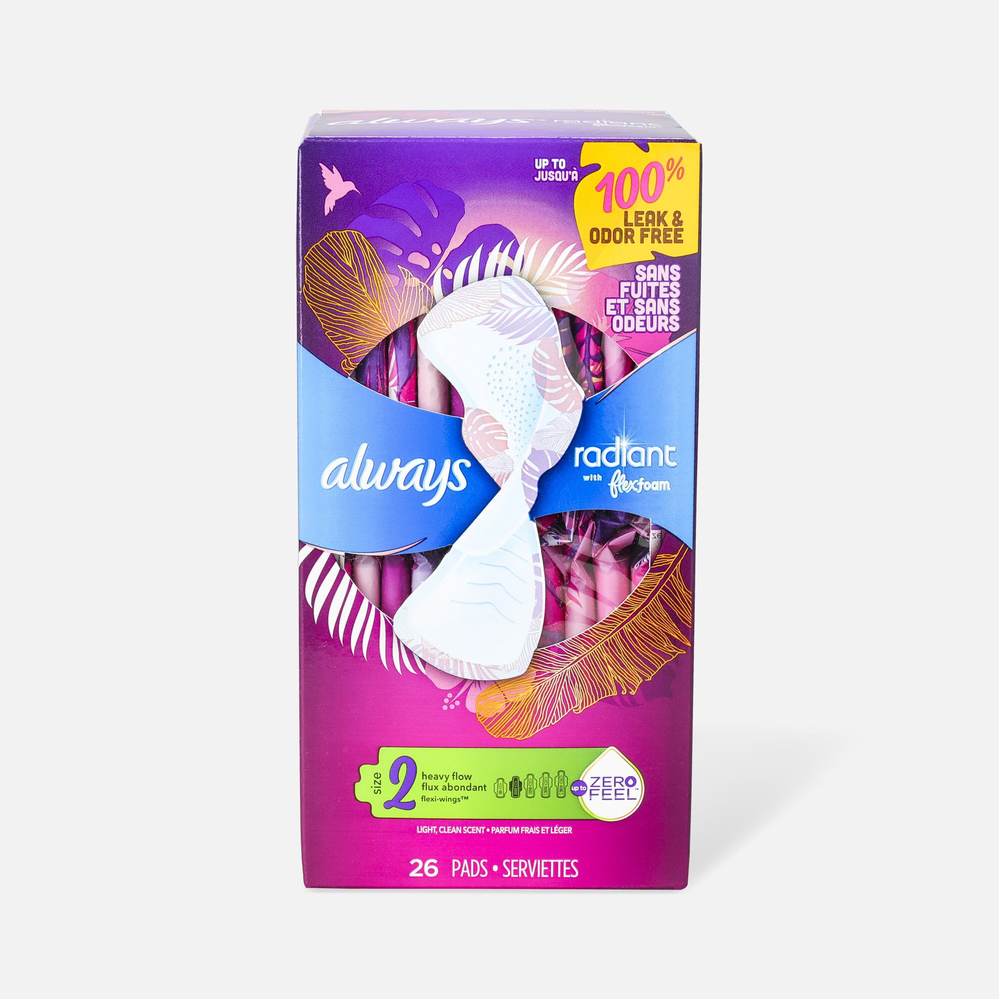 Always Radiant FlexFoam Pads for Women Size 2, Heavy Flow Absorbency, with Wings, Scented, 26 ct.
