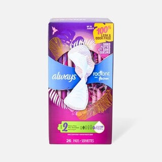 Always Radiant FlexFoam Pads for Women Size 2, Heavy Flow Absorbency, with Wings, Scented, 26 ct.