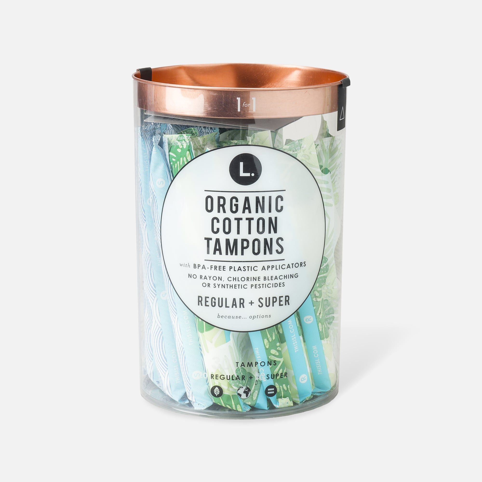 L. Organic Cotton Tampons Regular/Super Absorbency Duo Pack, BPA-free Plastic Applicator, 30 ct.