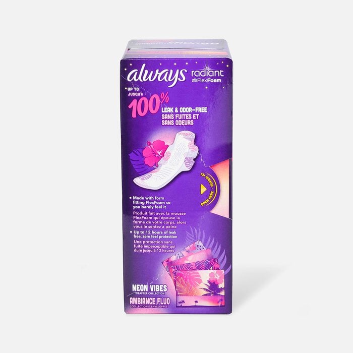 Always Radiant FlexFoam Pads for Women, Size 5, Extra Heavy Overnight Absorbency, with Wings, Scented, 18 ct., , large
