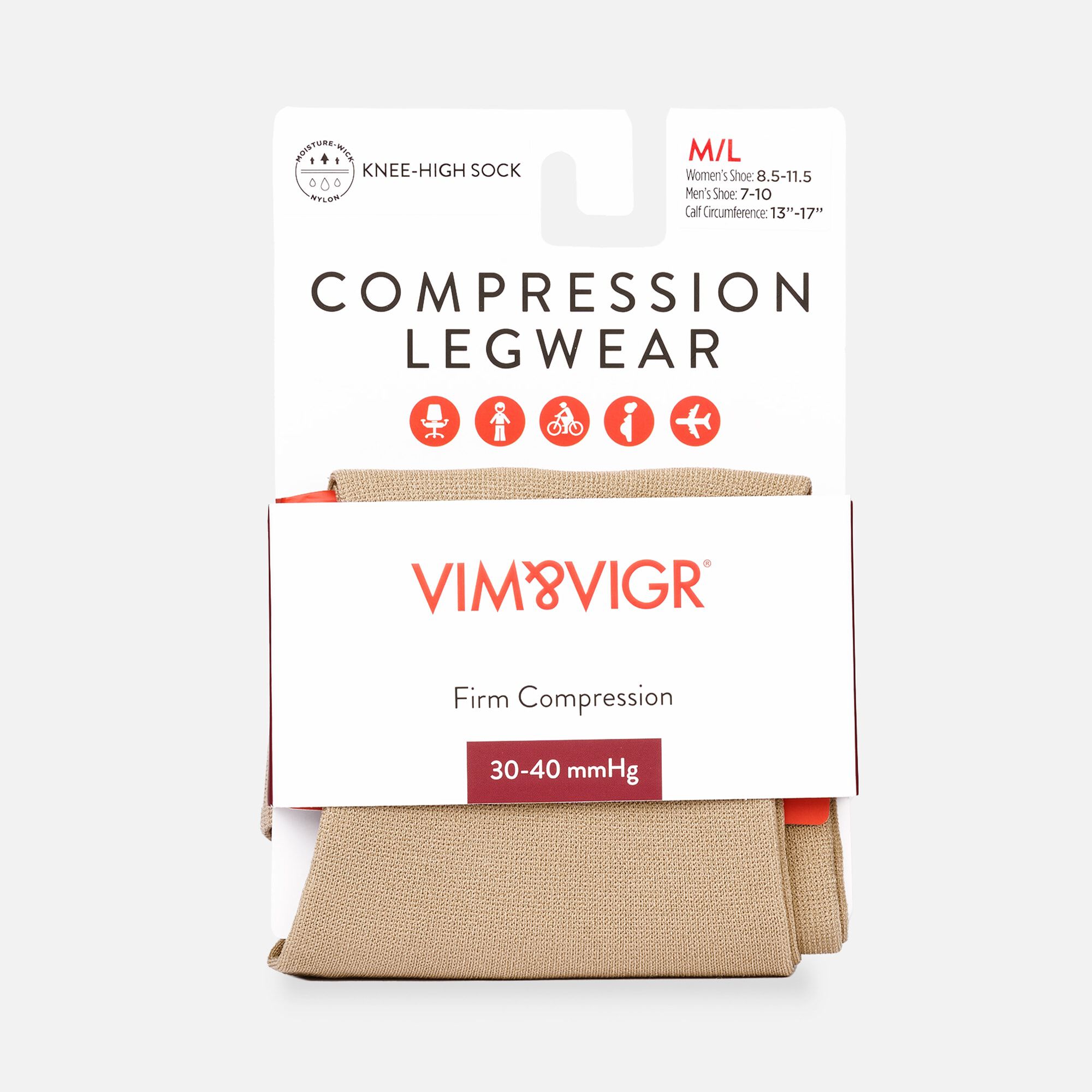 VIM & VIGR Solid Moisture-Wick Nylon Compression Socks, Cashew, 30-40 mmHg, , large
