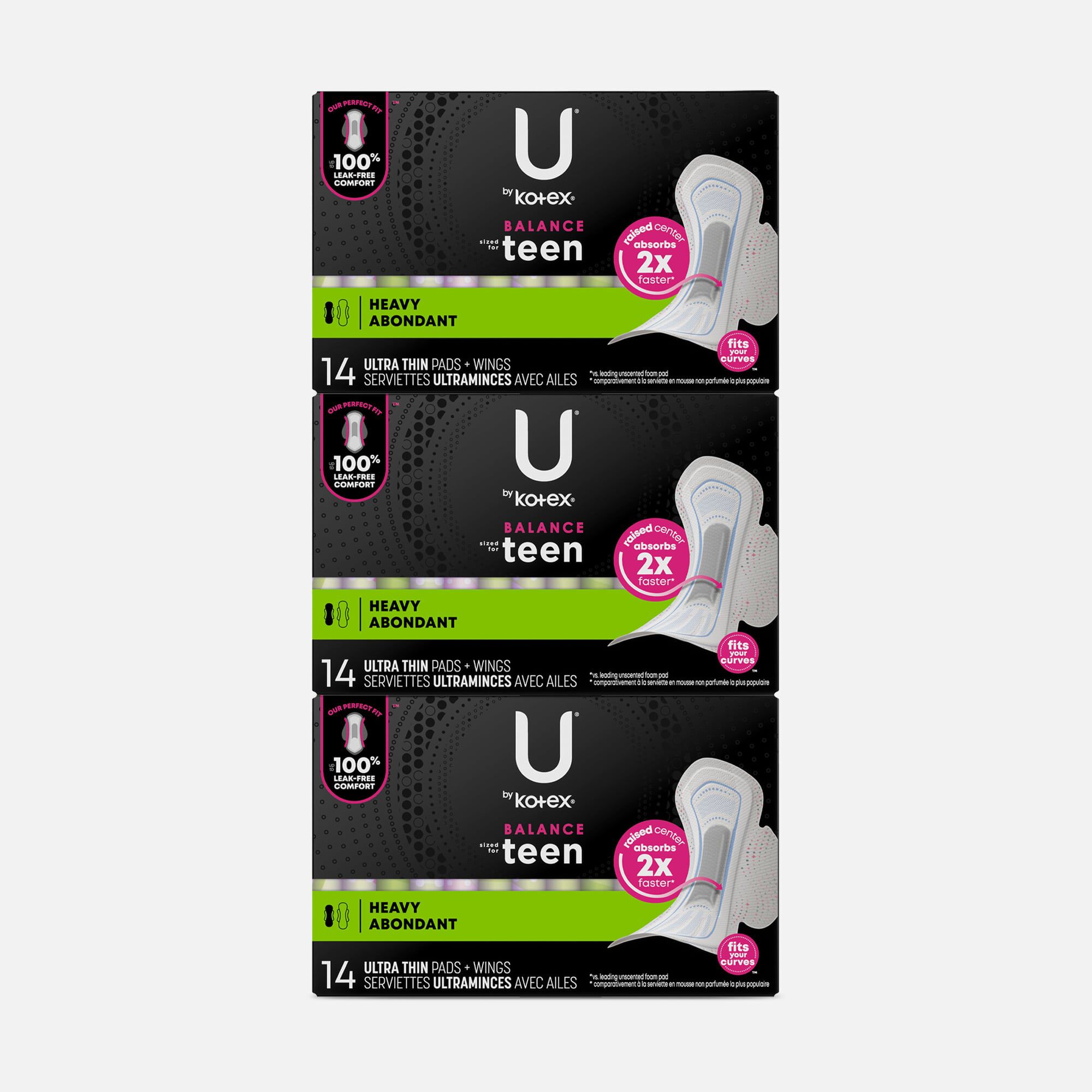 U by Kotex Ultra Thin Teen Pads with Wings, Extra Absorbency, Unscented, 14 ct. (3-Pack), , large