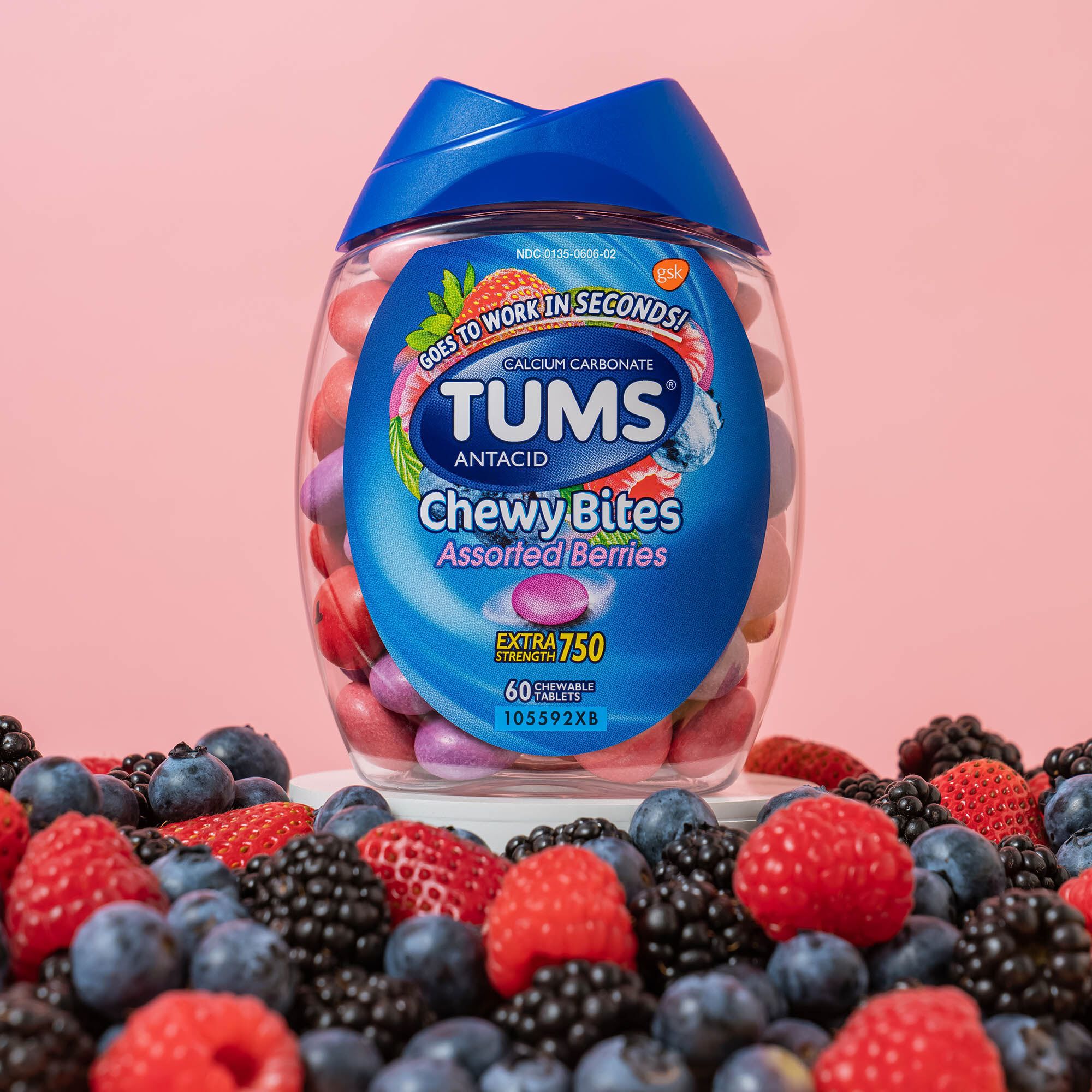 TUMS Chewy Bites Extra Strength Antacid Chewable Tablets, Assorted Berries, 60 ct., , large
