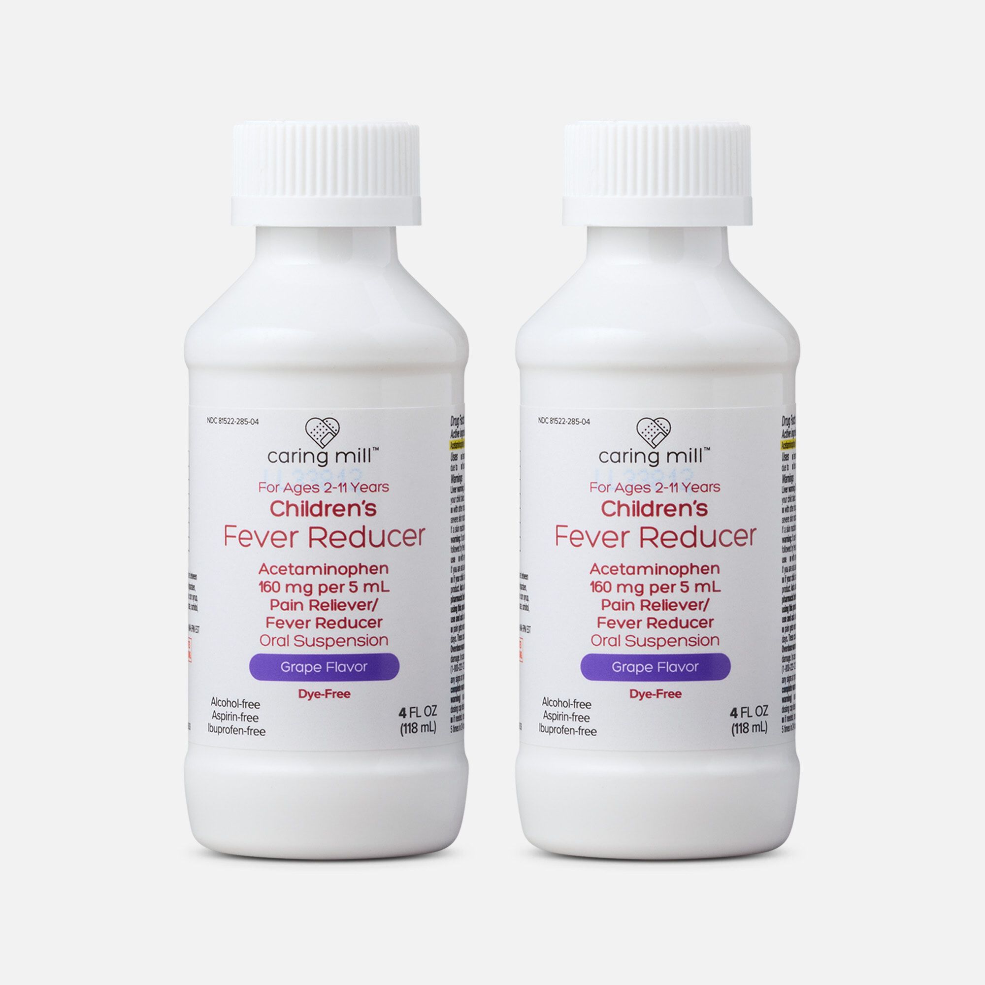 Caring Mill™ Children’s Acetaminophen Pain Reliever/Fever Reducer Oral Suspension Liquid, Grape Flavor (2-Pack), , large