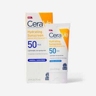 CeraVe Hydrating Mineral Face Sunscreen, SPF 50, 2.5 fl oz.