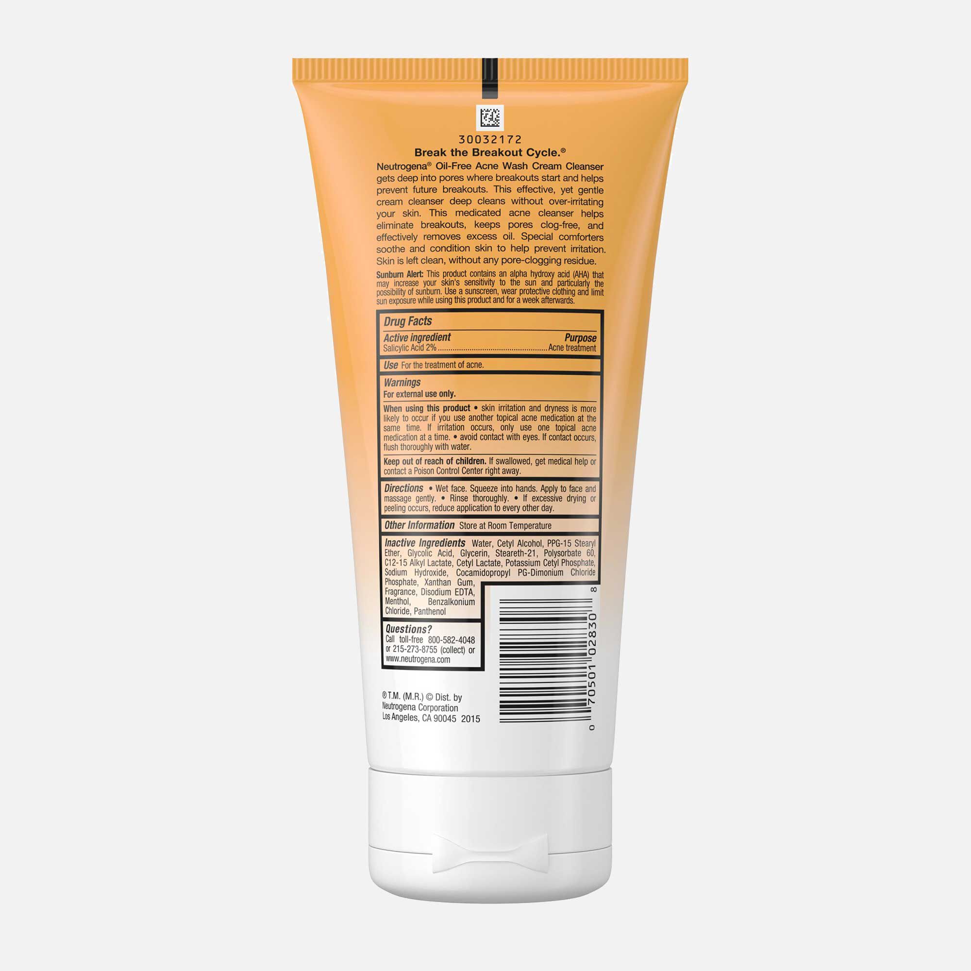 Neutrogena Oil-Free Acne Wash Cream Cleanser, 6.7 fl oz., , large