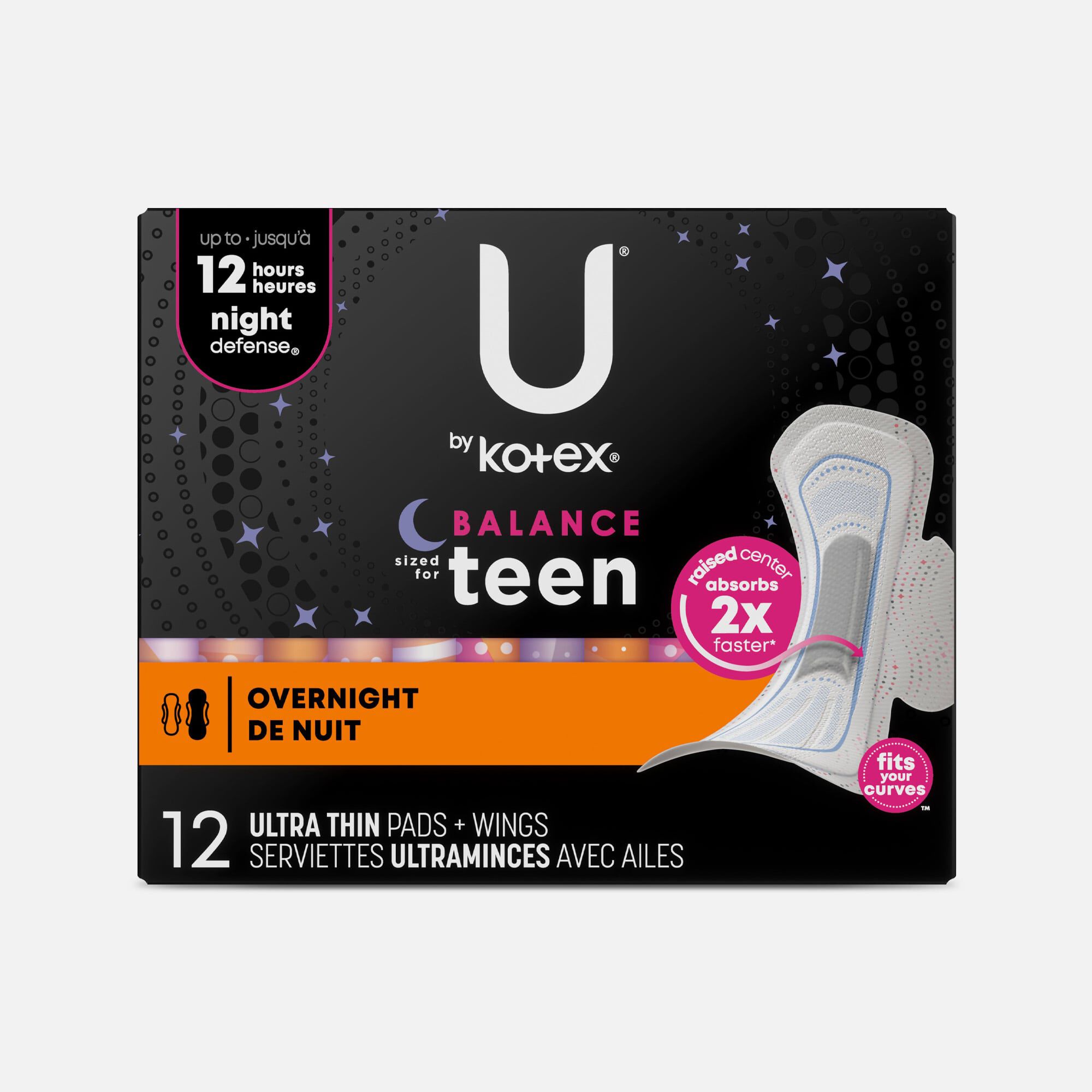 U by Kotex Balance Sized for Teens Ultra Thin Overnight Pads with Wings, 12 ct., , large