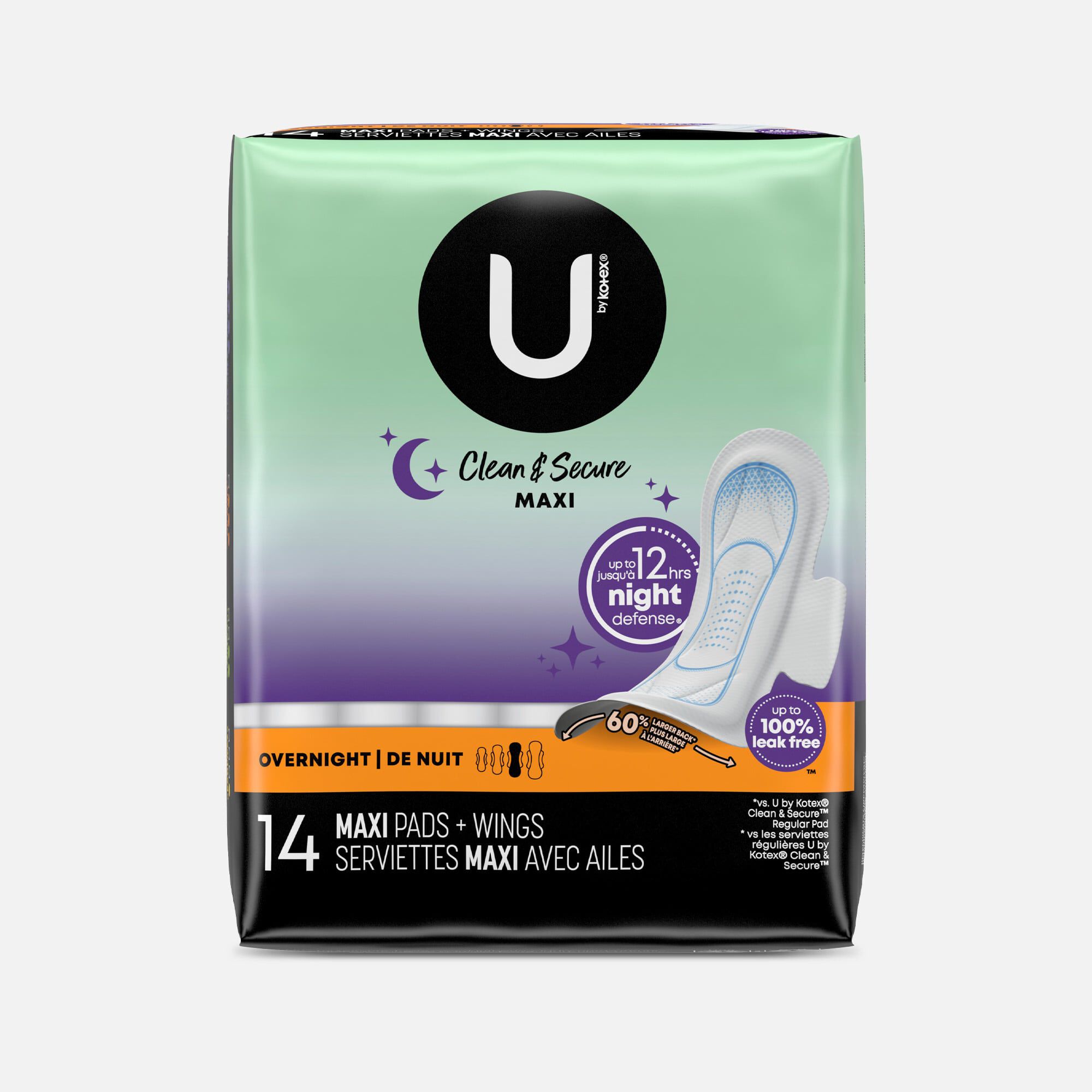 U by Kotex Clean & Secure Overnight Maxi Pads with Wings, 14 ct., , large