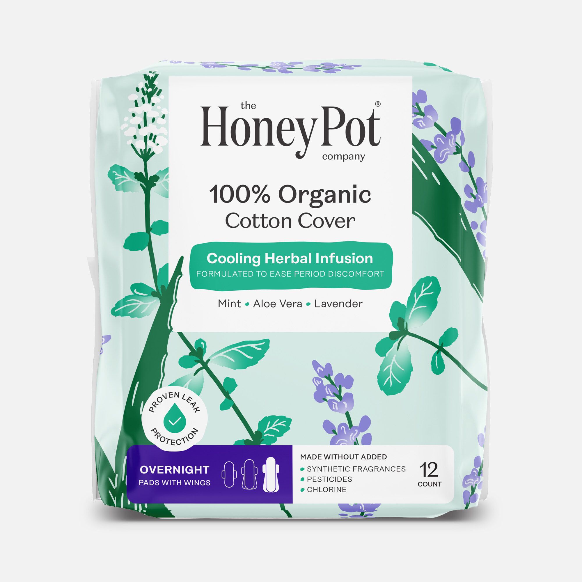 The Honey Pot 100% Organic Cotton Cover Regular Menstrual Pads with Wings, Herbal, 20 ct., , large